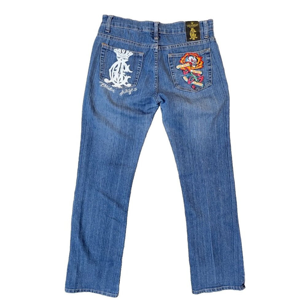 CHRISTIAN AUDIGIER Jeans Women's Sz 11/12 Embroidered Y2K Flare Skull Dagger